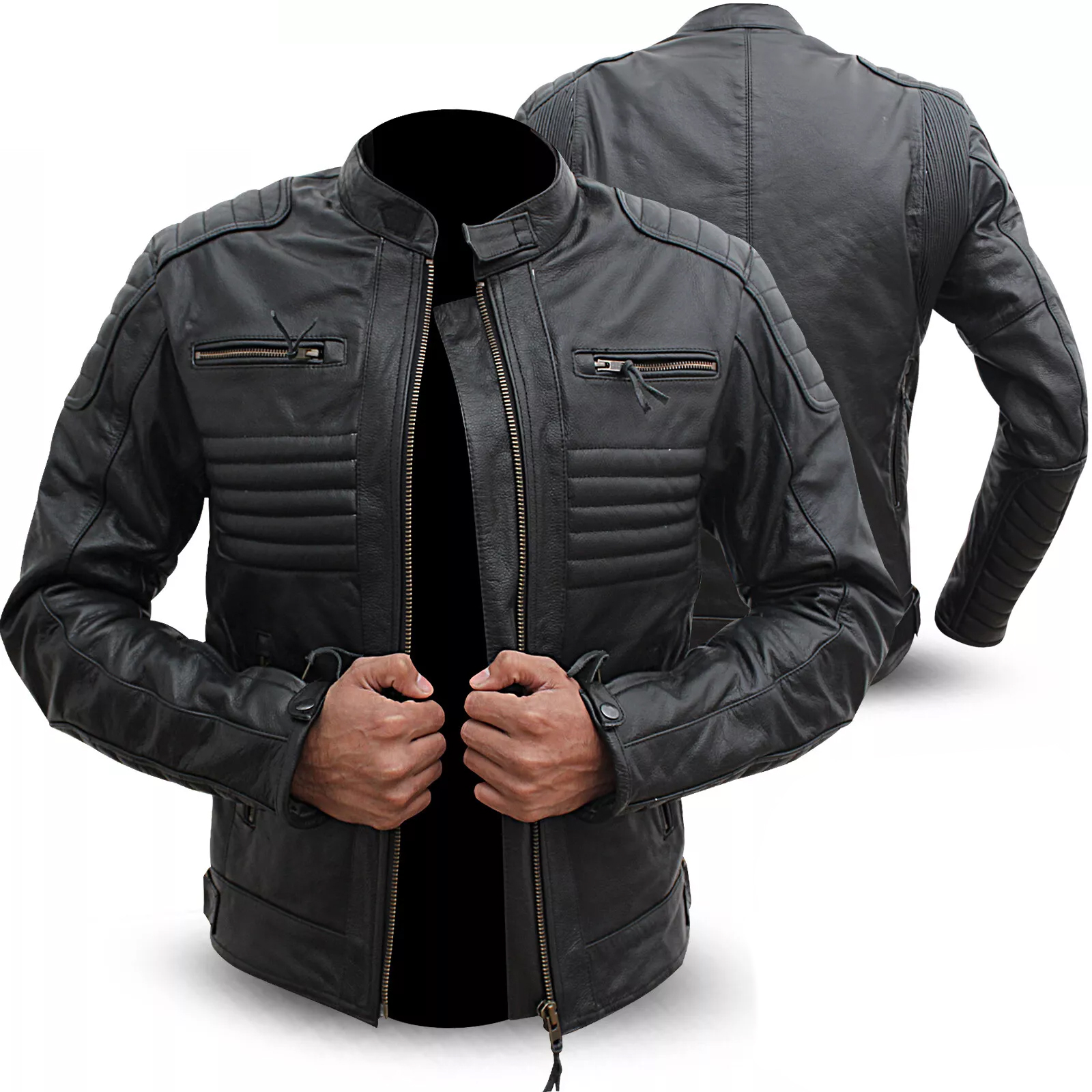 Motorcycle Genuine Leather Jacket With CE Armour Black