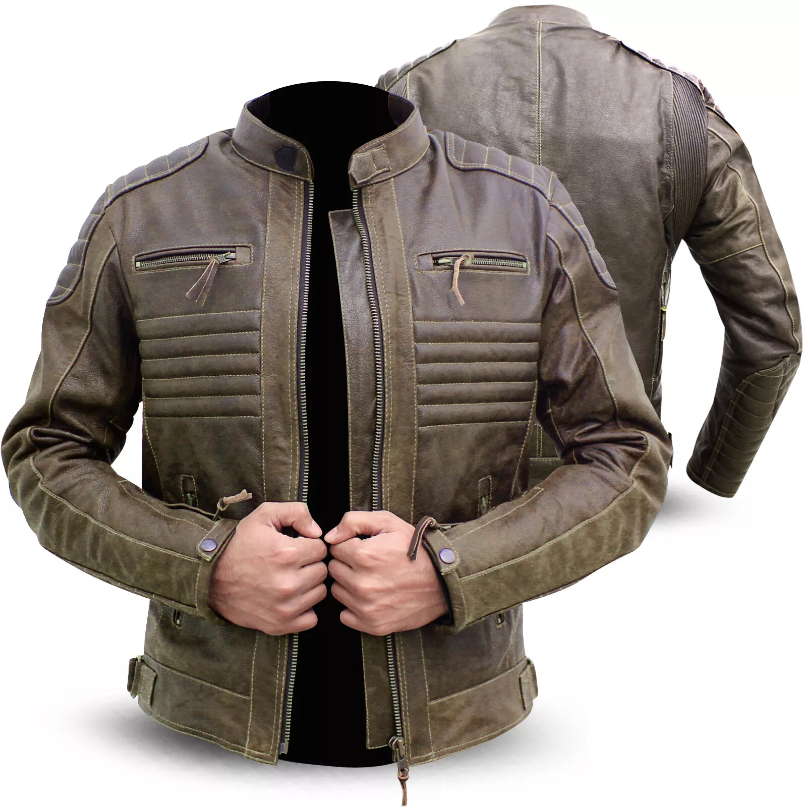 Motorcycle Genuine Leather Jacket With CE Armour Grey