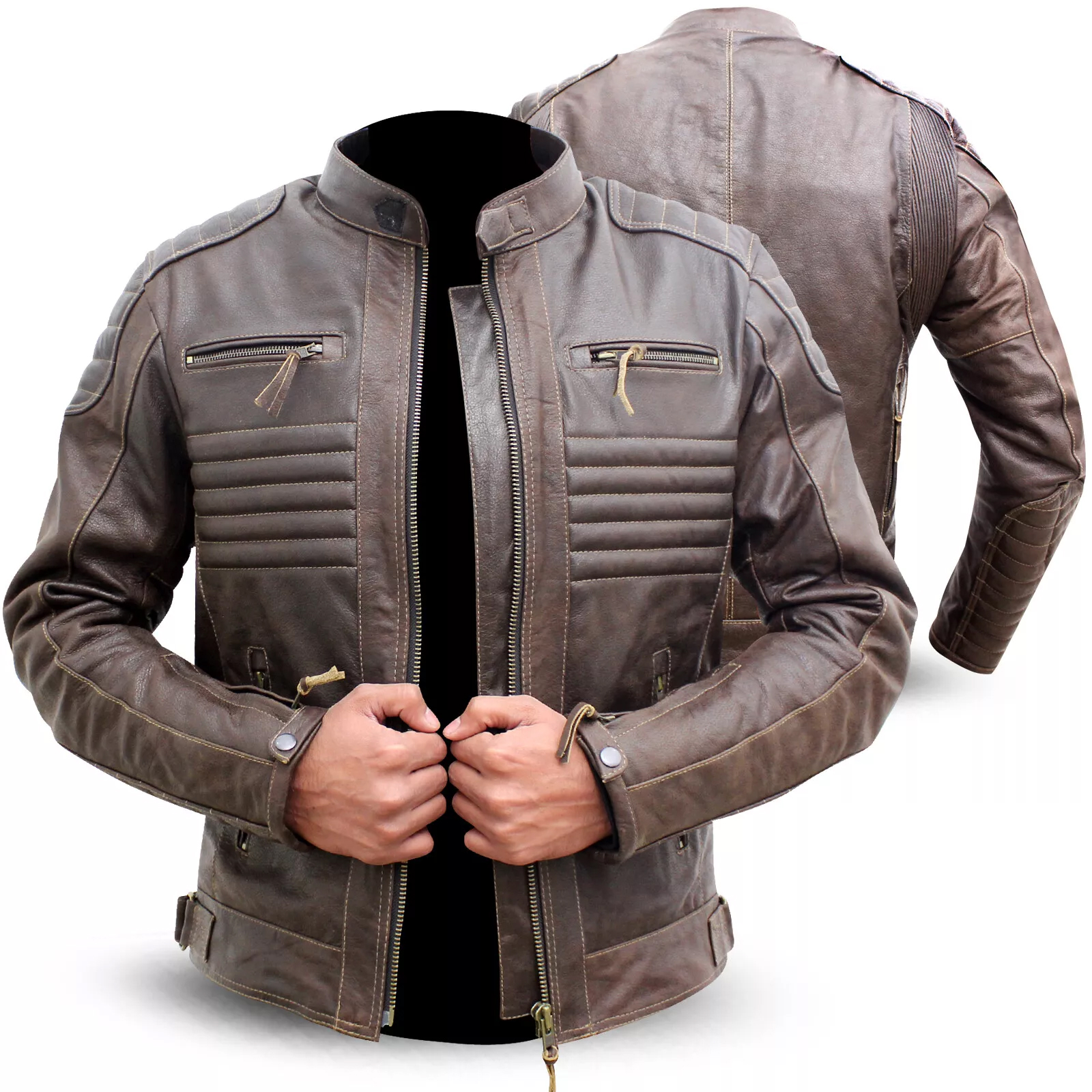 Motorcycle Genuine Leather Jacket With CE Armour Brown